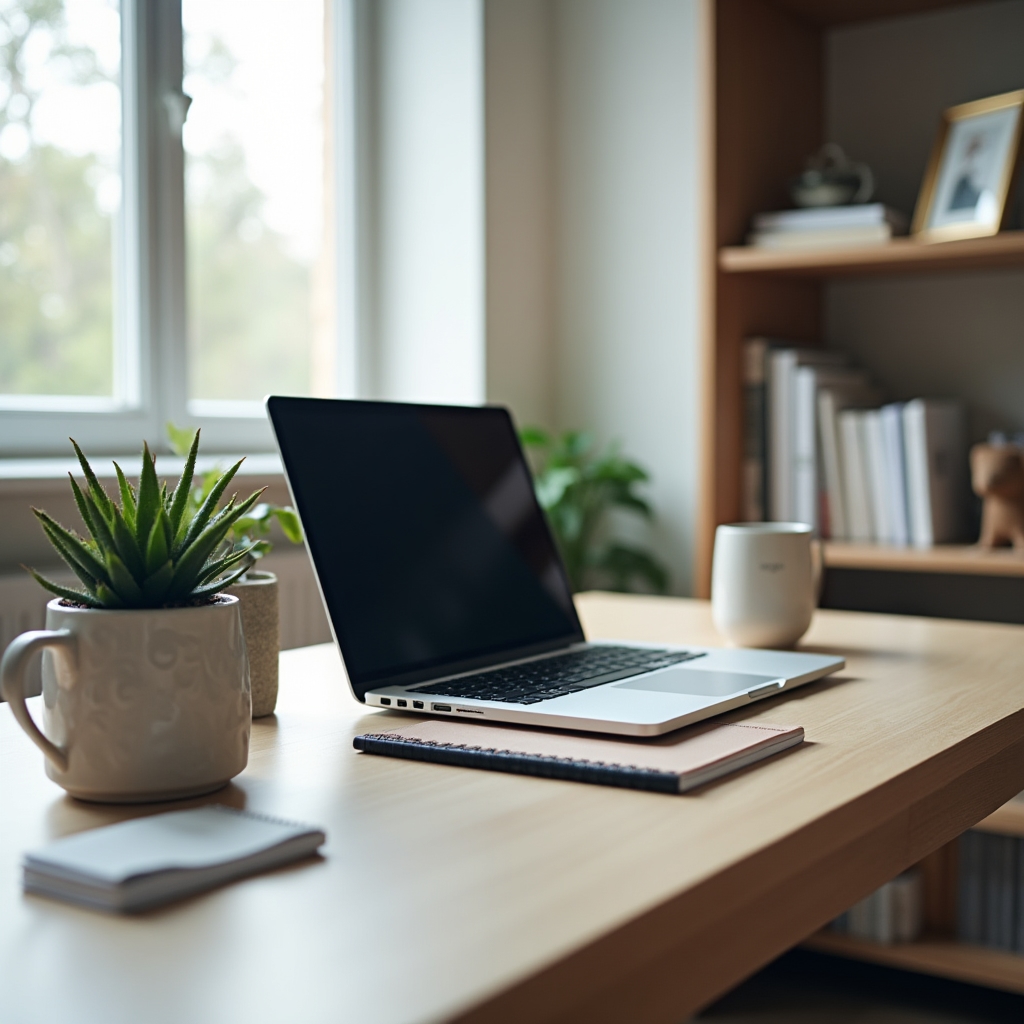 Organized office desk with a laptop, notebook, and a small potted plant near a window, set up for correspondence