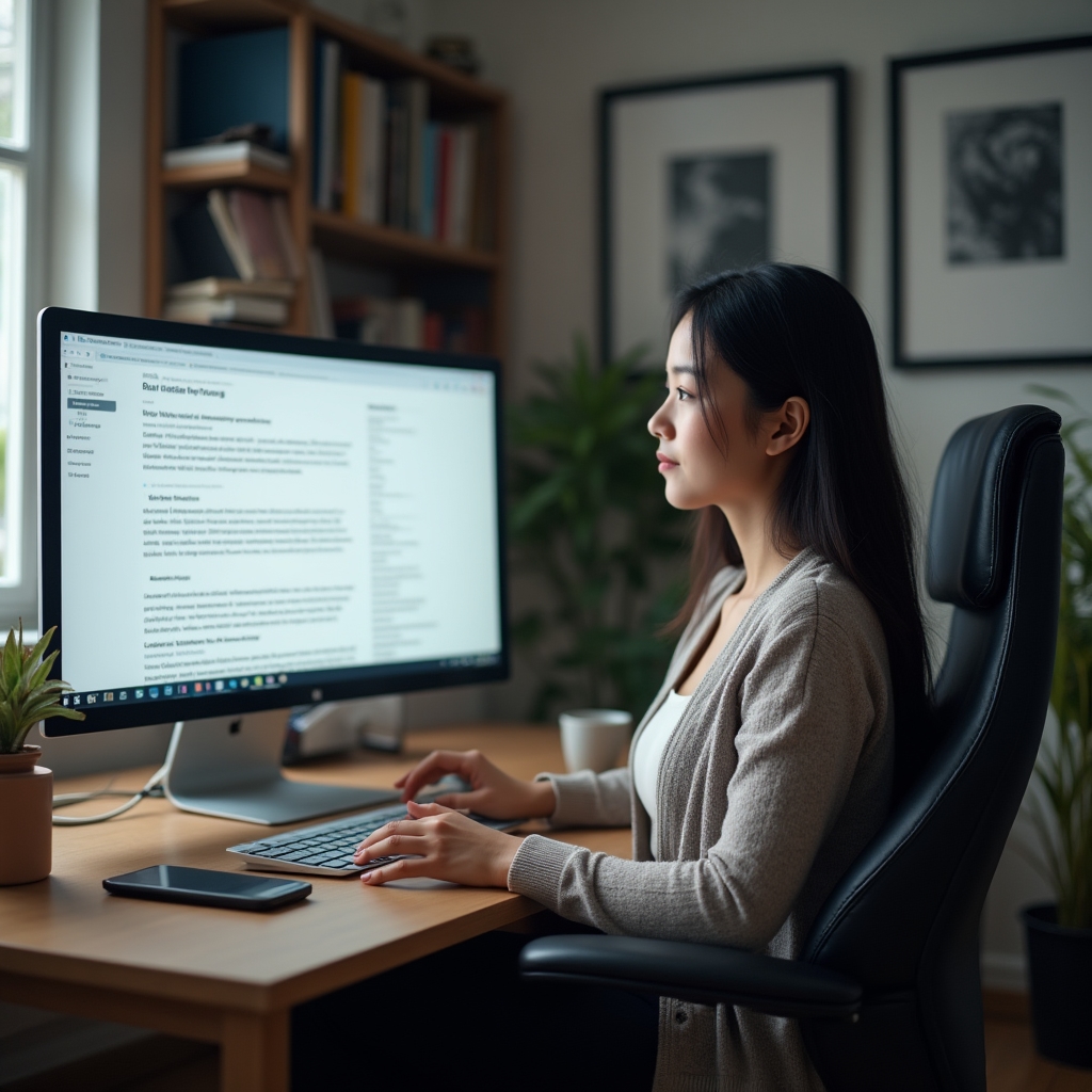 Person reading a lengthy article on a widescreen desktop monitor at an organized home office desk