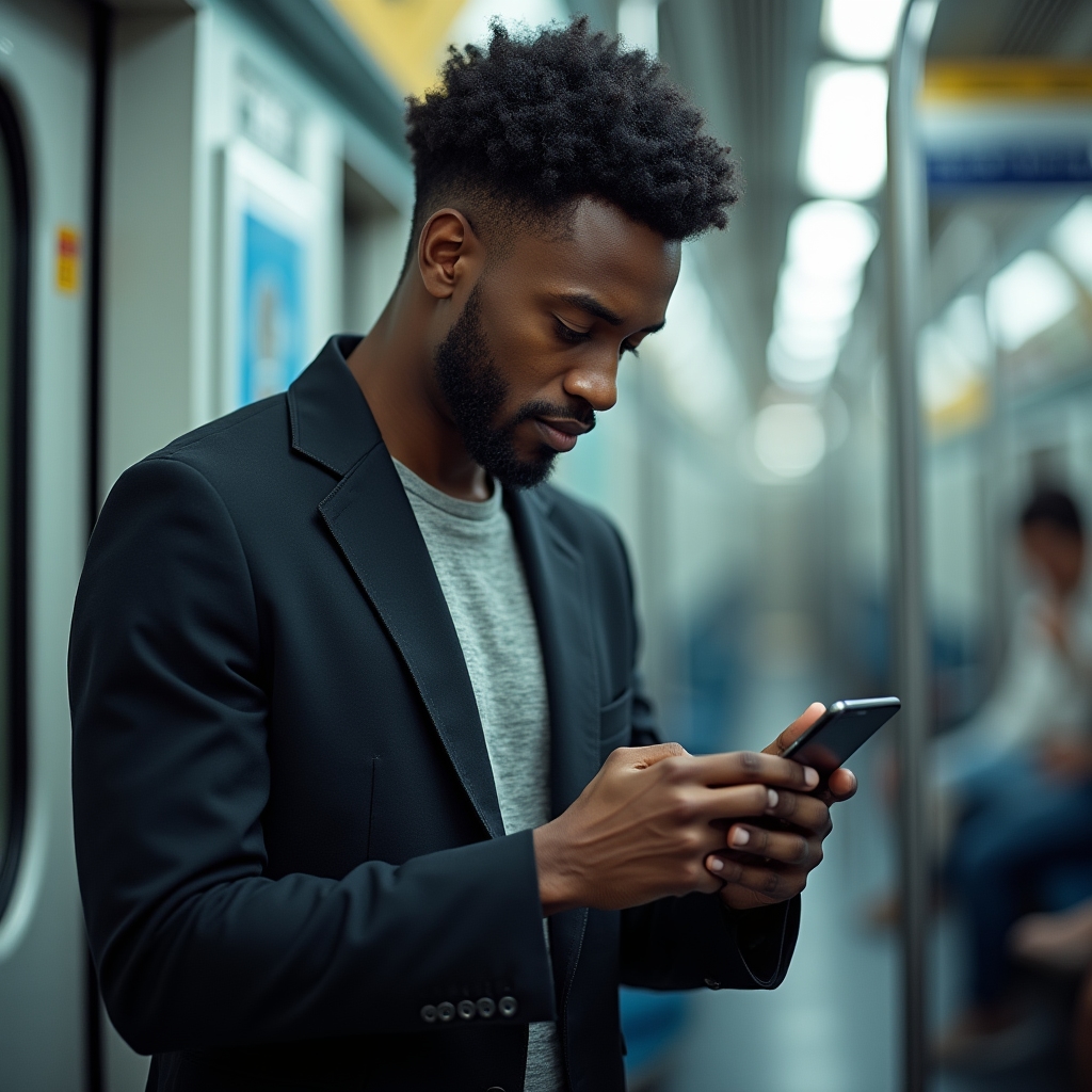 Young professional reading a long article on a smartphone while commuting, scrolling with one thumb