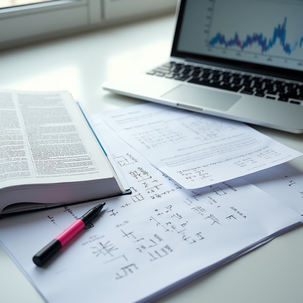 Desk covered with printed research papers, annotated readability formula notes, and an open reference book