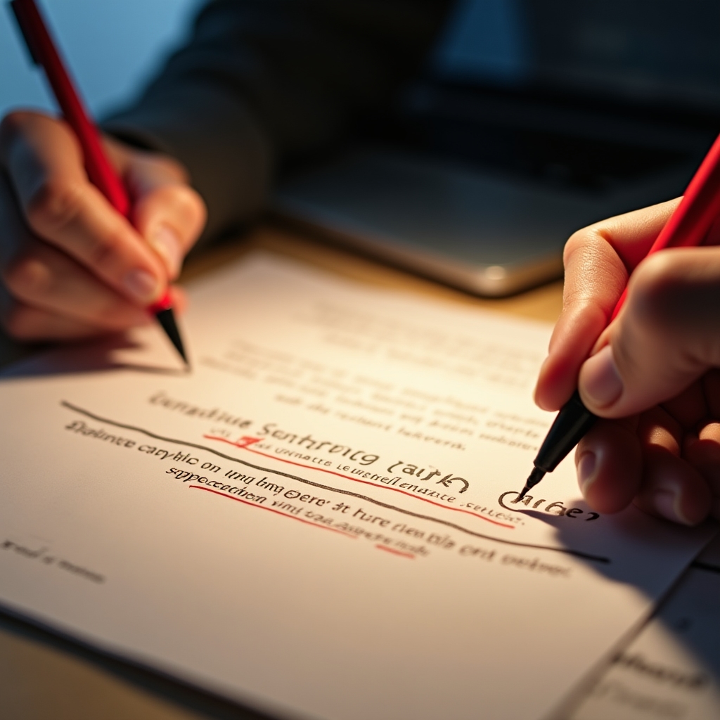 Hands editing a printed manuscript with a red pen, shortening a long sentence into two shorter ones