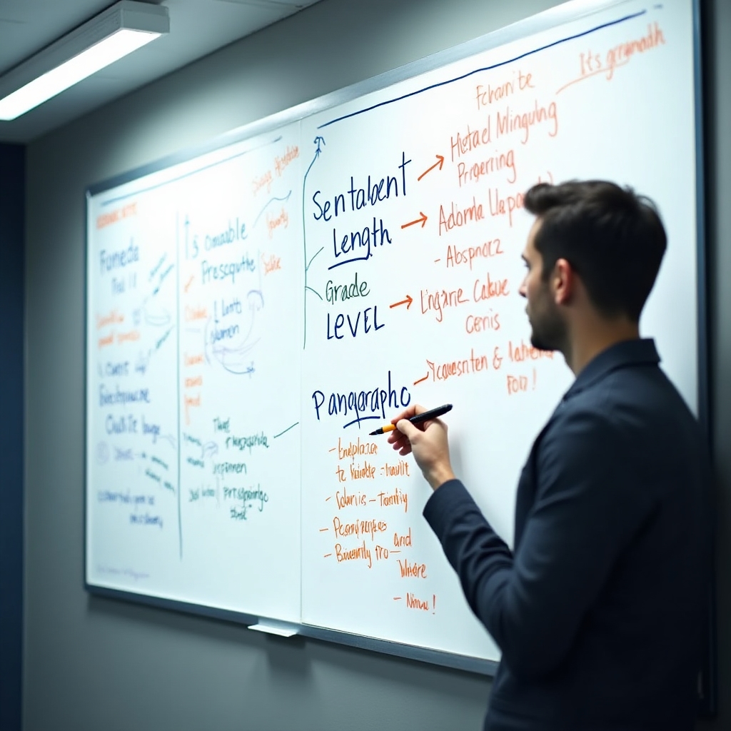 Whiteboard covered with notes about sentence length, grade level scoring, and reading structure during a writing workshop
